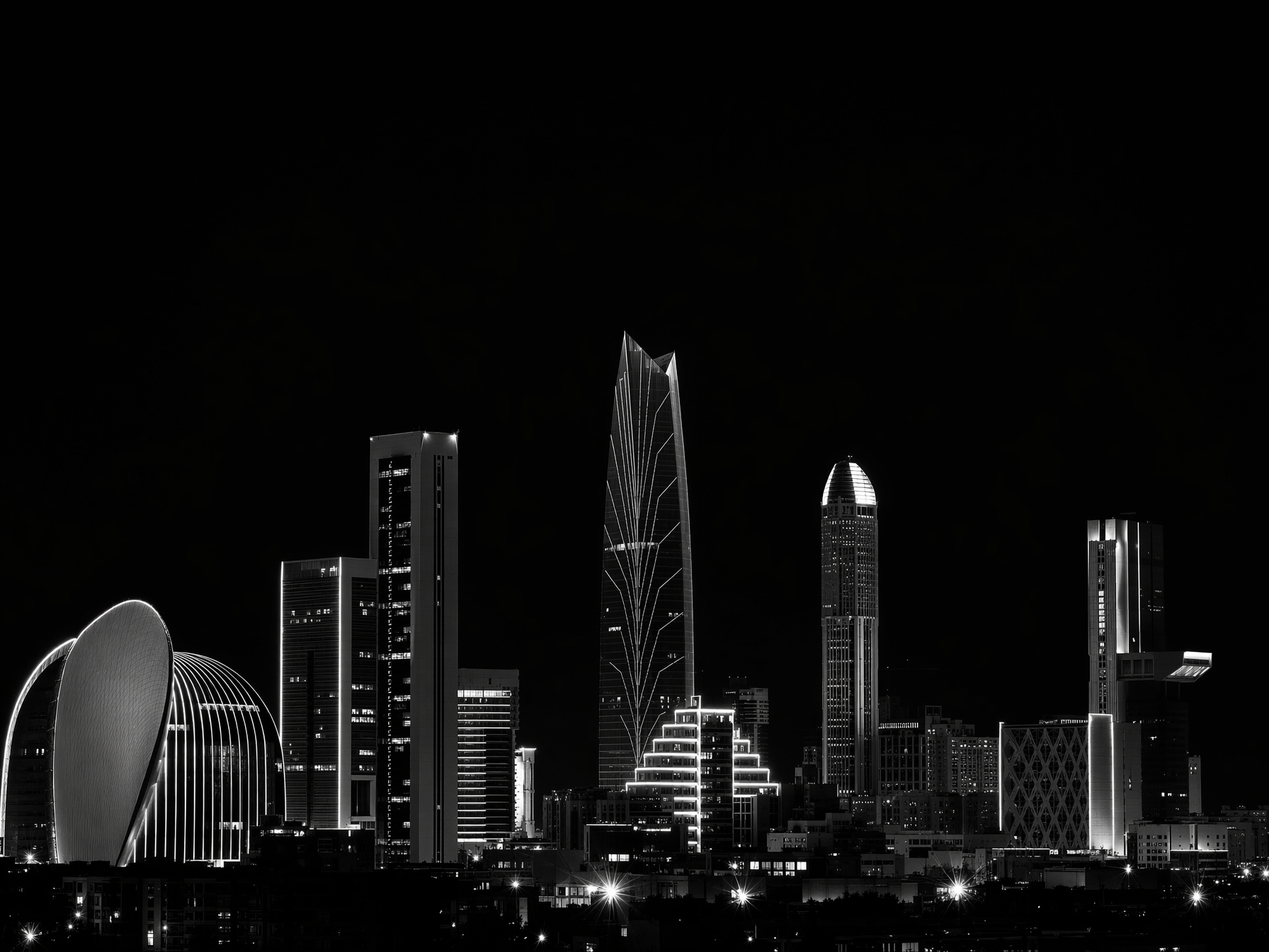 Illustration abstraite évoquant une silhouette architecturale urbaine de nuit